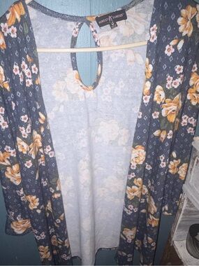 Almost Famous Navy Floral Keyhole Tunic with Mustard and Cream Blooms